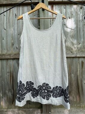 Banana Republic Cream Linen Blend Tunic Dress with Black Embroidery Lagenlook
